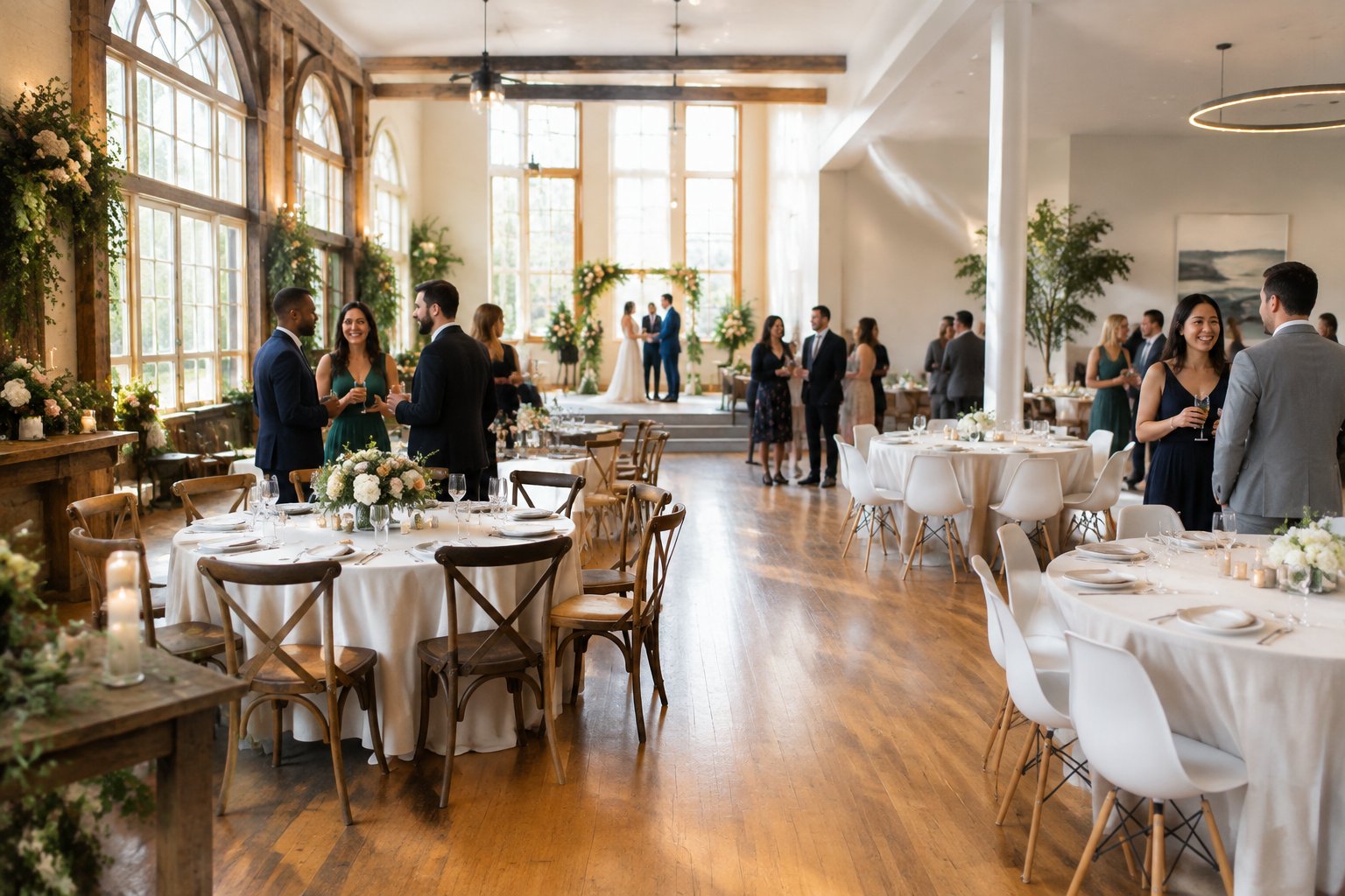 Guests gather at an elegant, affordable wedding venue decorated with simple floral arrangements and warm natural light.