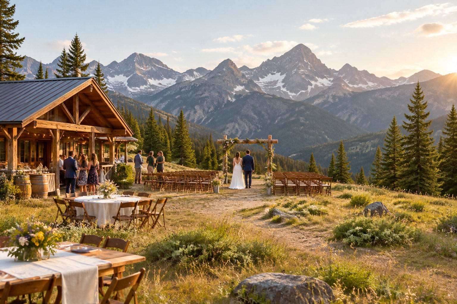 A small rustic wedding venue with simple decorations surrounded by evergreen trees and mountain peaks.