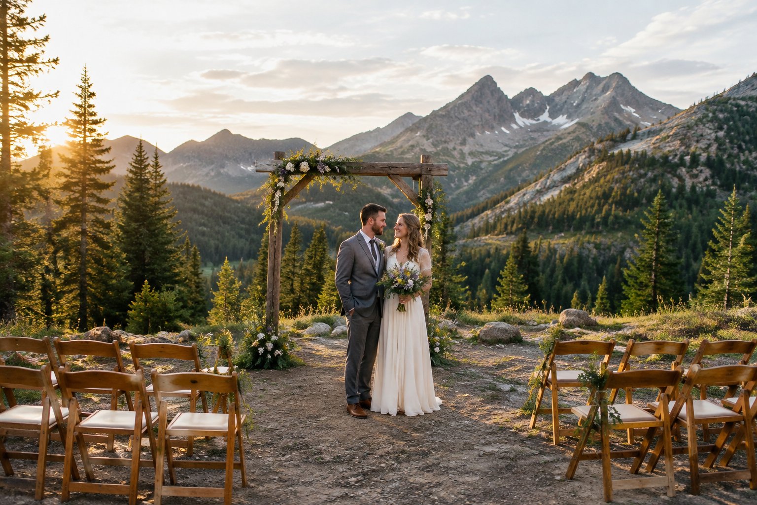A newlywed couple stands beside a simple outdoor wedding setup in a scenic mountain valley.
