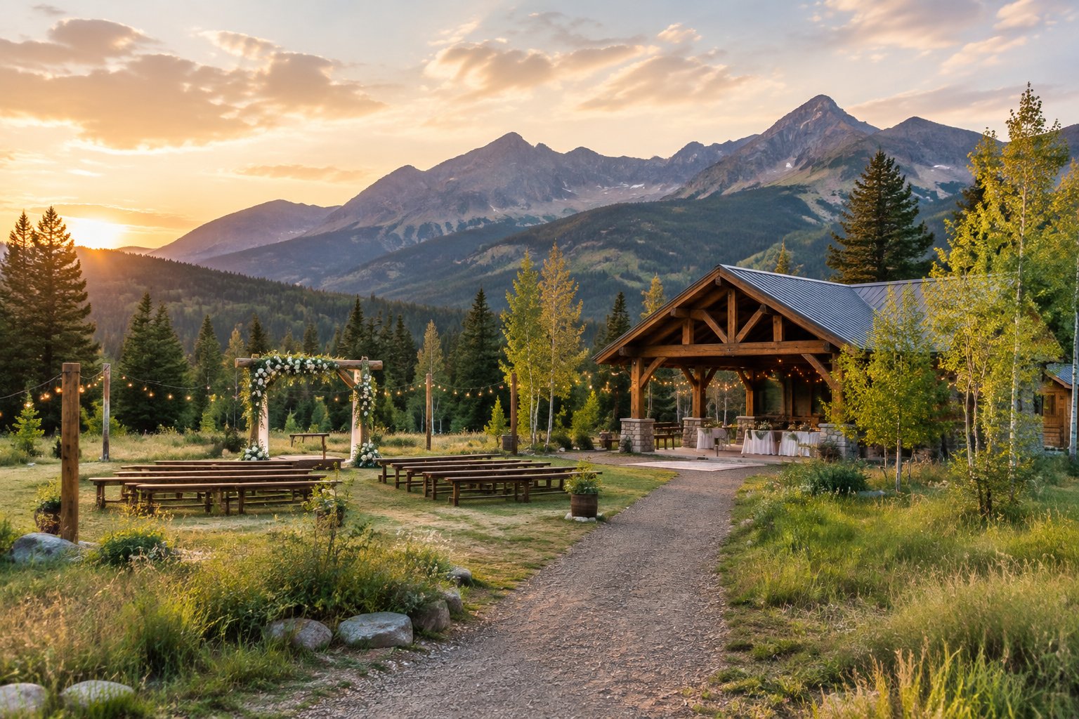 A rustic wedding venue in a mountain valley with simple outdoor ceremony seating and scenic peaks in the background.