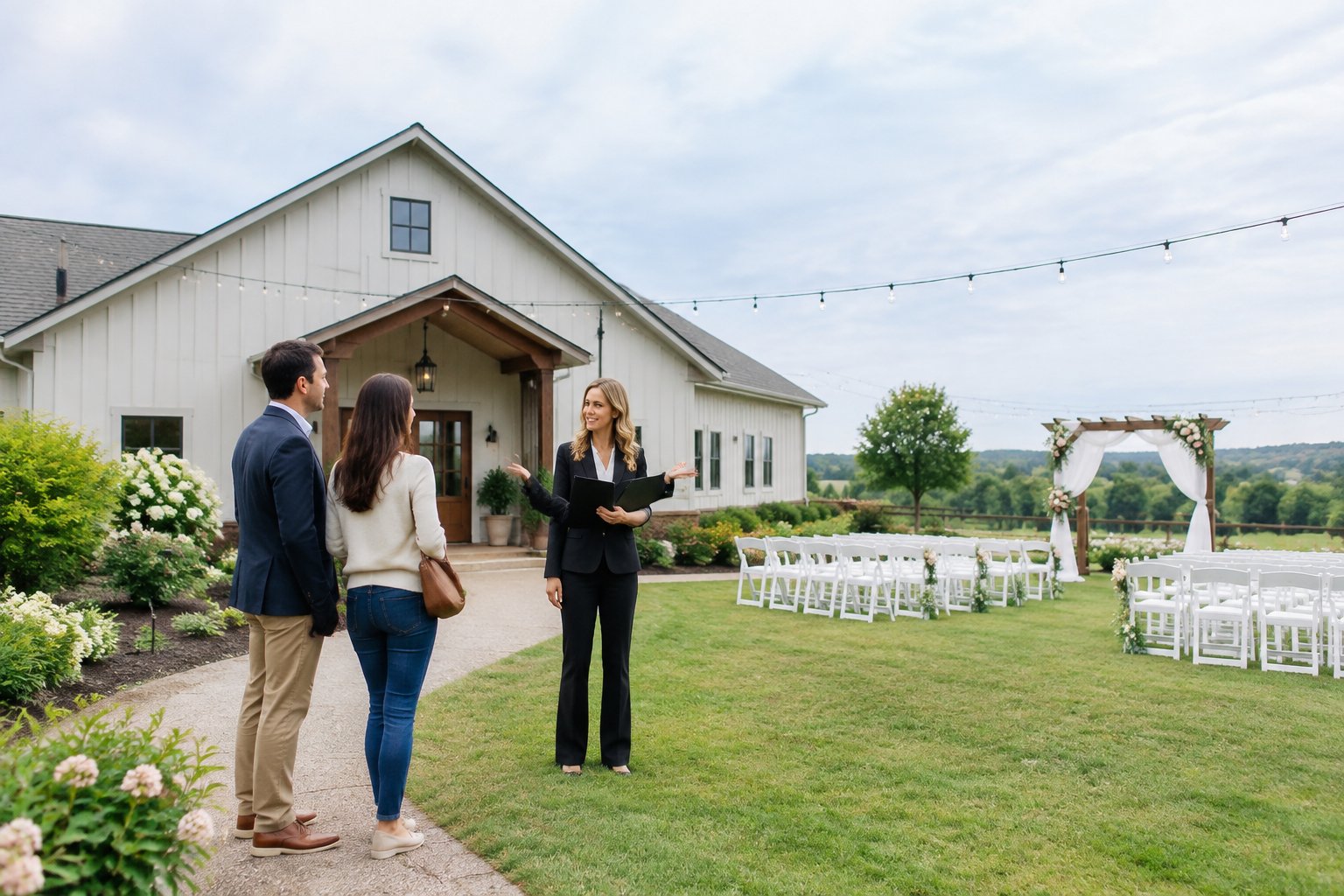 A couple and a property agent view an affordable countryside wedding venue with a garden and simple decorations.