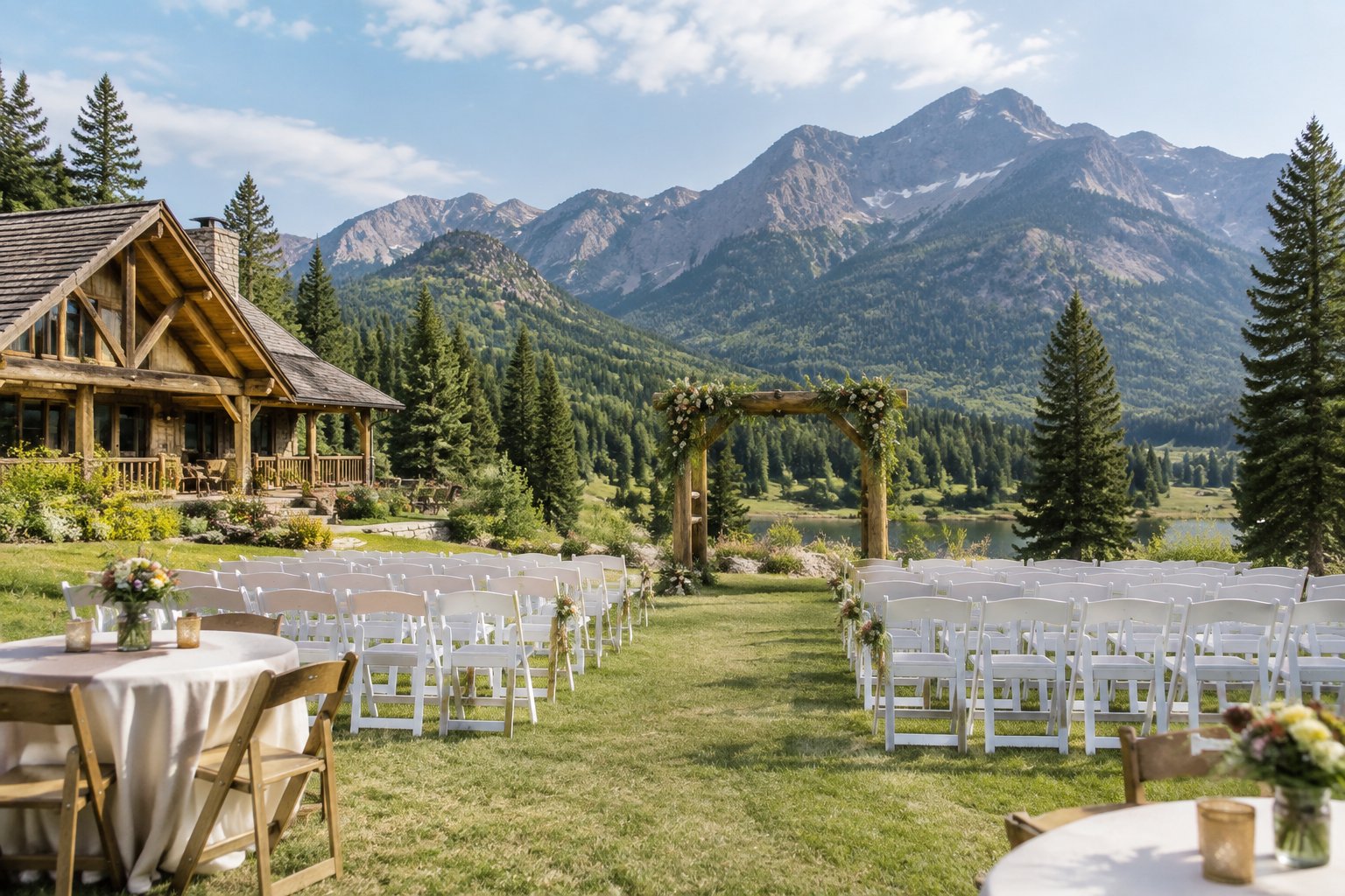 A simple wedding ceremony setup at an affordable rustic venue in a scenic mountain valley.