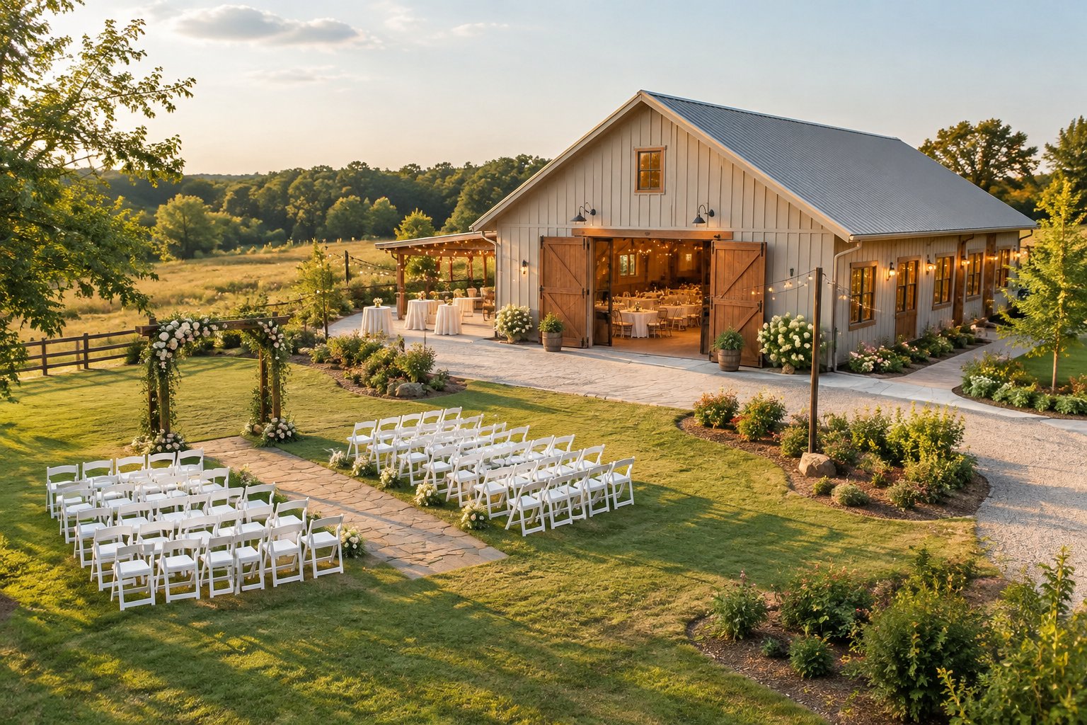 A modest countryside wedding venue with outdoor seating, a simple floral altar, and a landscaped garden.