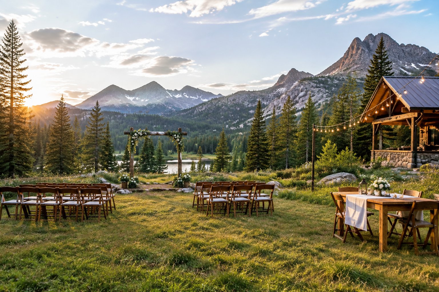 A simple wedding venue with chairs and floral decorations in a mountain meadow.