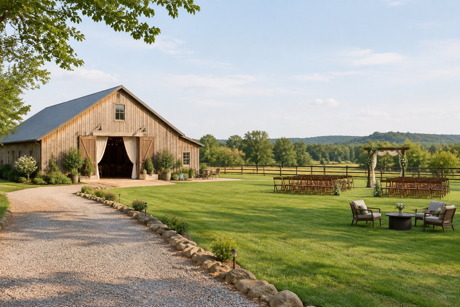A modest countryside wedding venue with a small barn, lawn, and outdoor ceremony area.