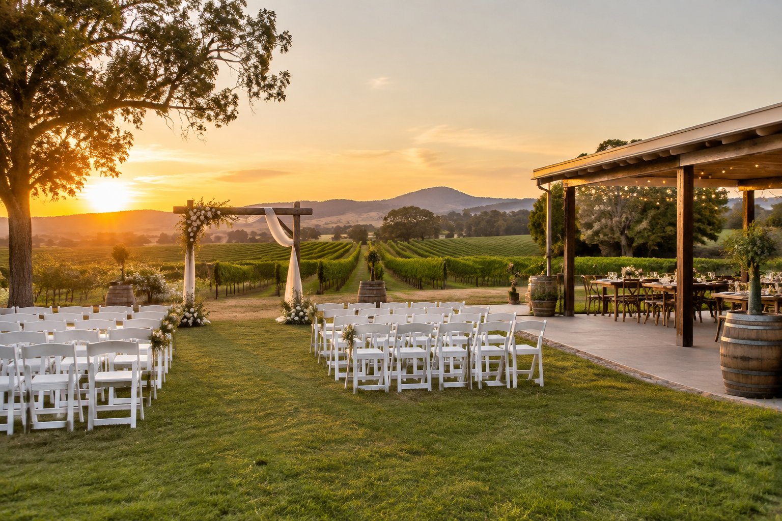 A simple outdoor wedding ceremony beside vineyard rows in the Australian countryside.