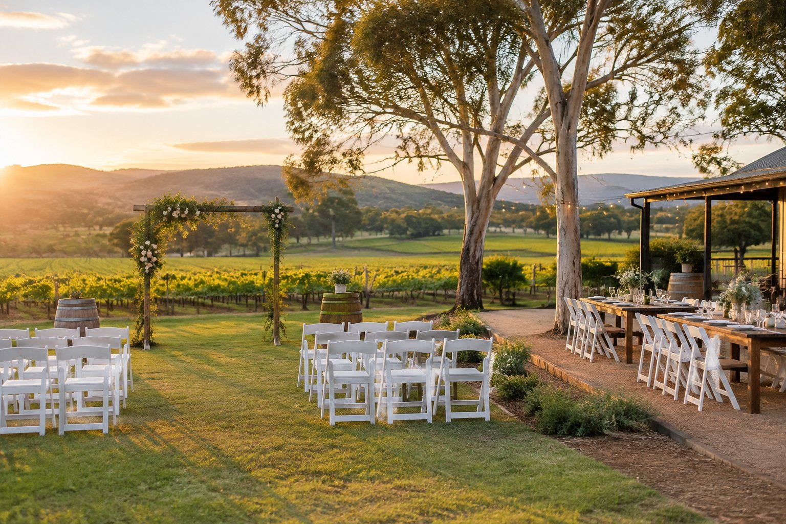 Simple outdoor wedding ceremony setup at a vineyard in the Pokolbin countryside.