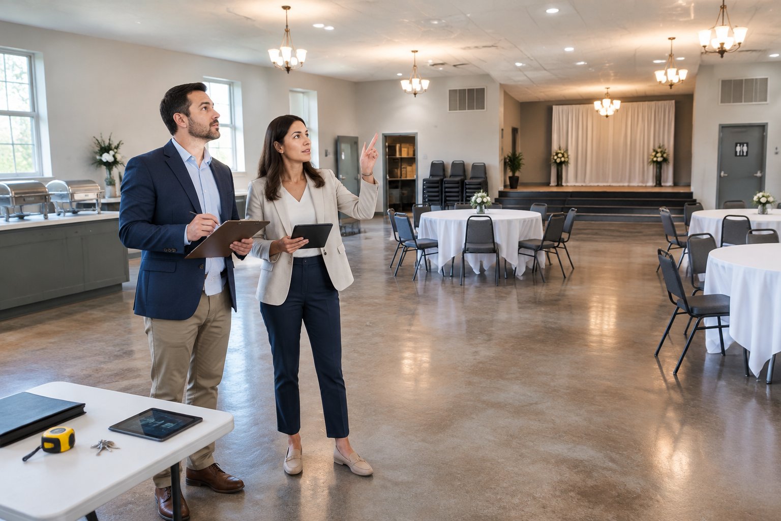 A buyer and real estate advisor inspect an affordable wedding venue while reviewing its condition and layout.