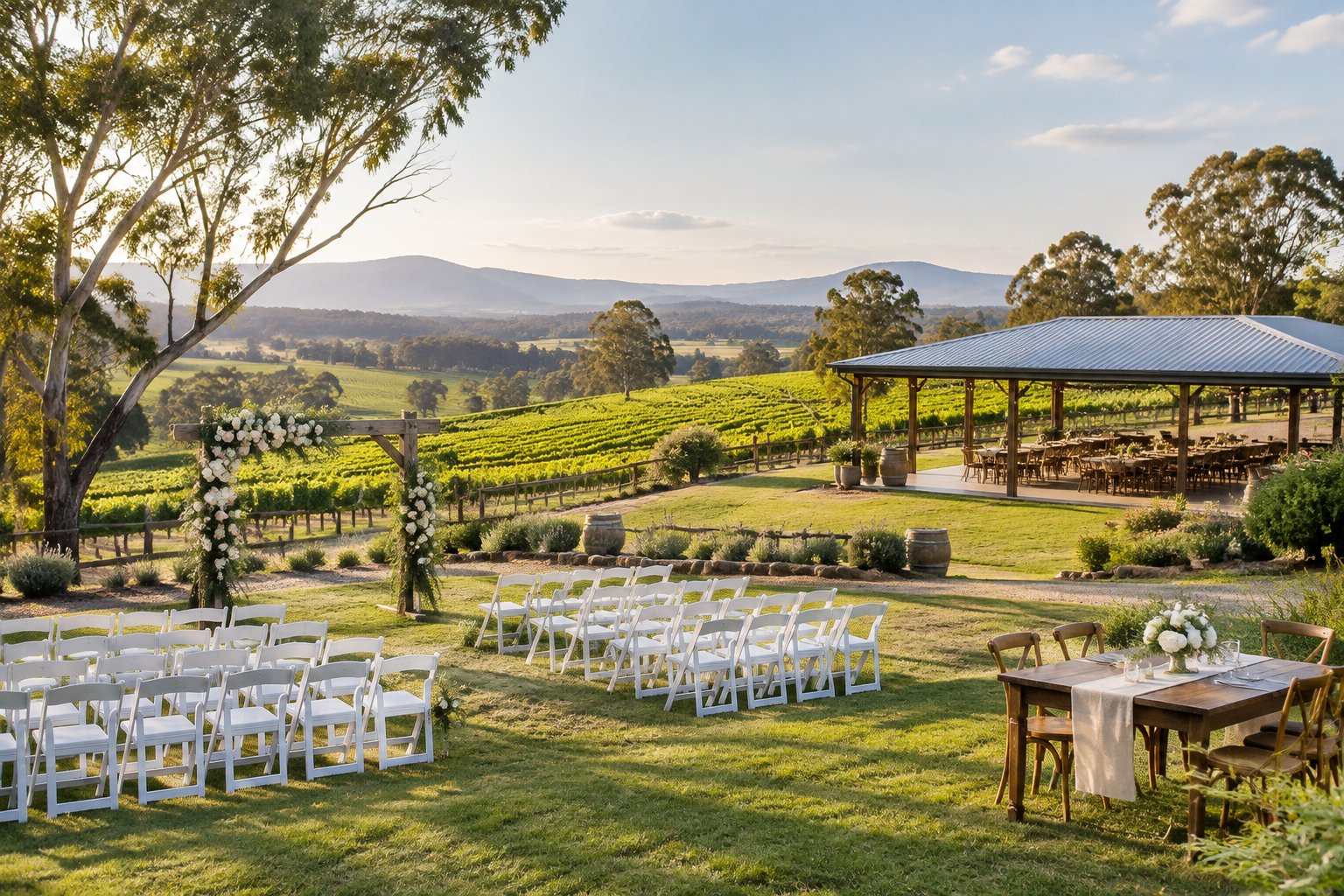 A modest vineyard wedding venue in Pokolbin with chairs, a floral arbor, and a covered reception area surrounded by green hills.