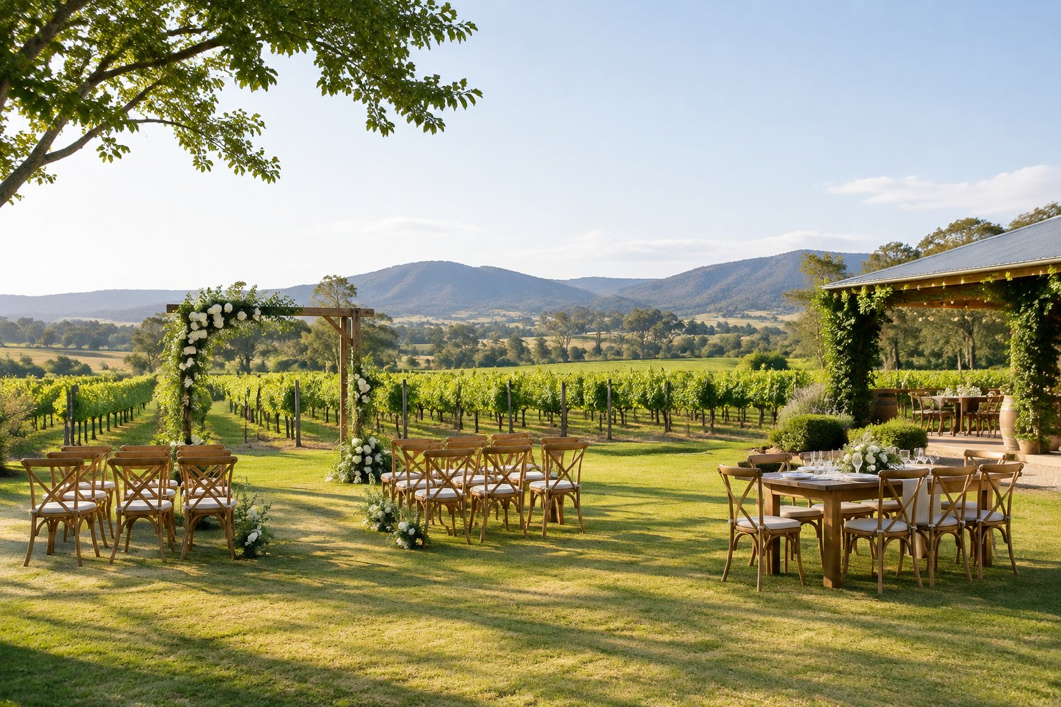A simple outdoor wedding ceremony setup at a vineyard venue surrounded by countryside.