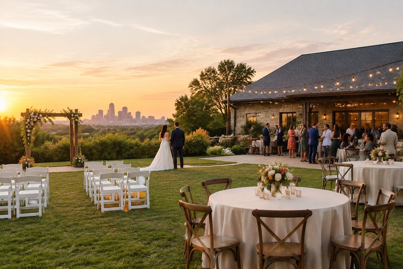A newlywed couple celebrates with guests at a modest outdoor wedding venue decorated with flowers and string lights.