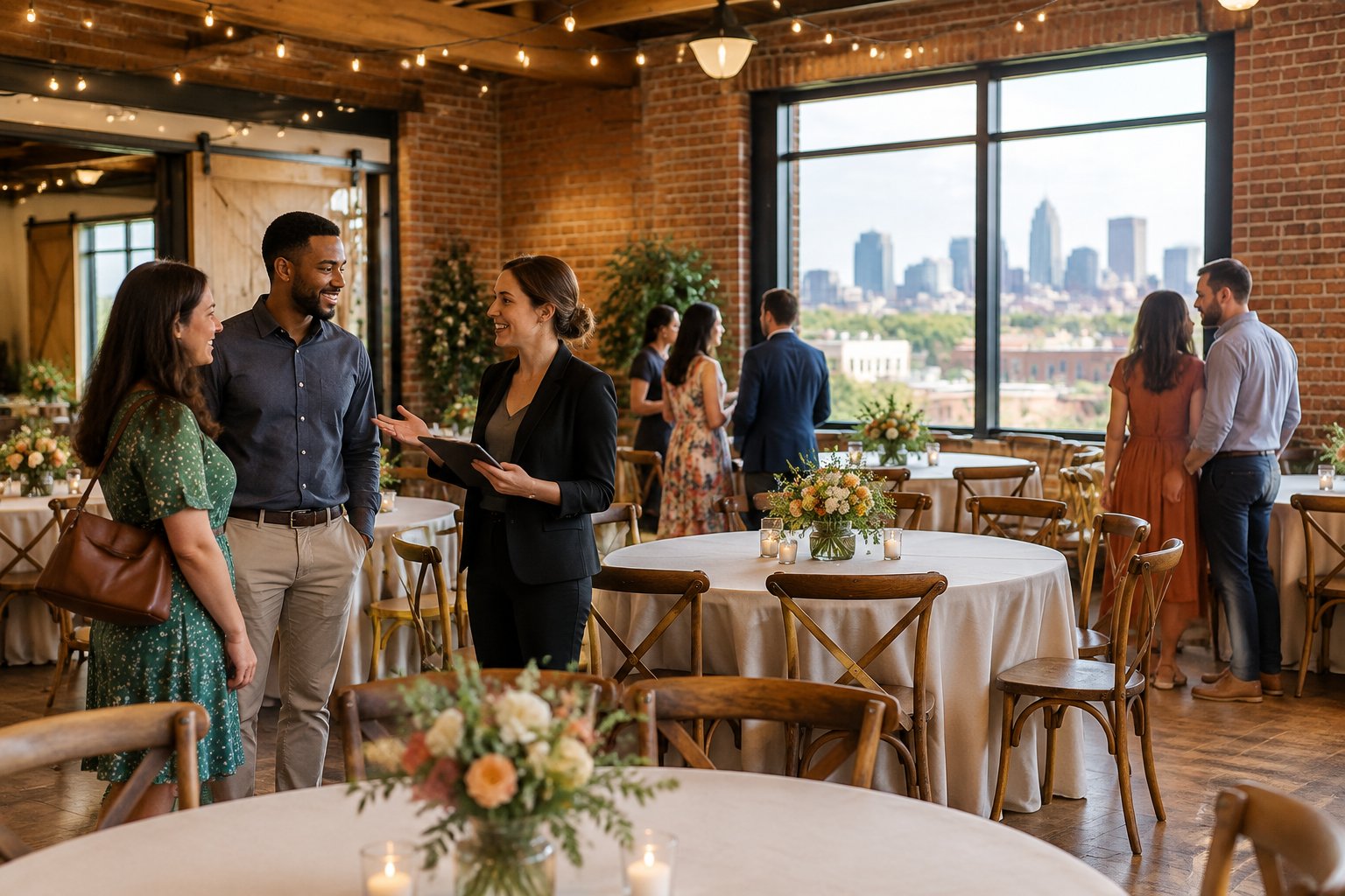 Couples tour an affordable, warmly decorated wedding venue in Kansas City.