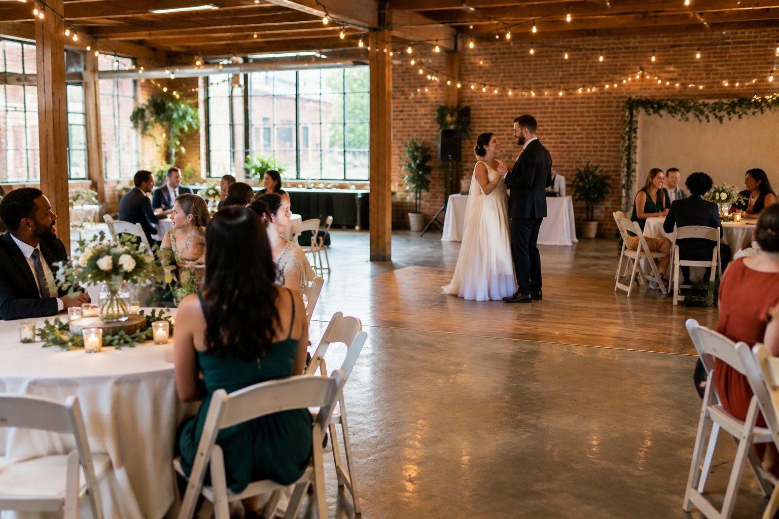 Guests celebrate at an intimate wedding reception in a decorated indoor venue.