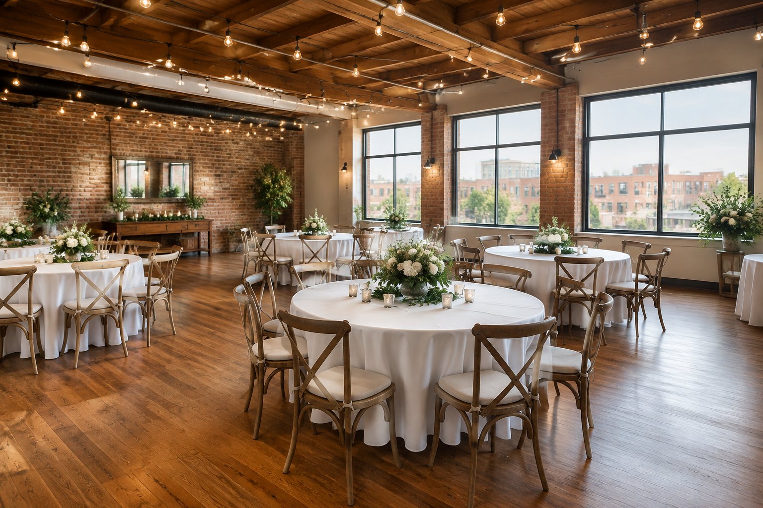 An intimate wedding reception venue with decorated tables, greenery, and large windows.