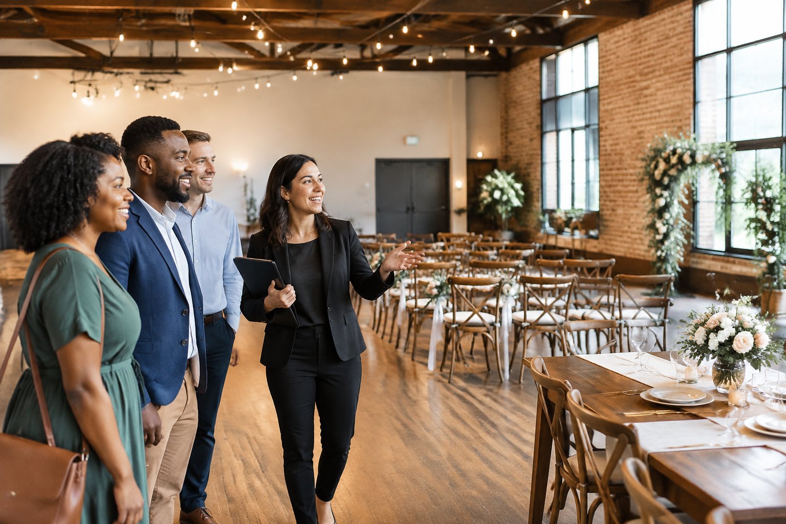 An engaged couple tours an affordable neighborhood wedding venue with family and a coordinator.