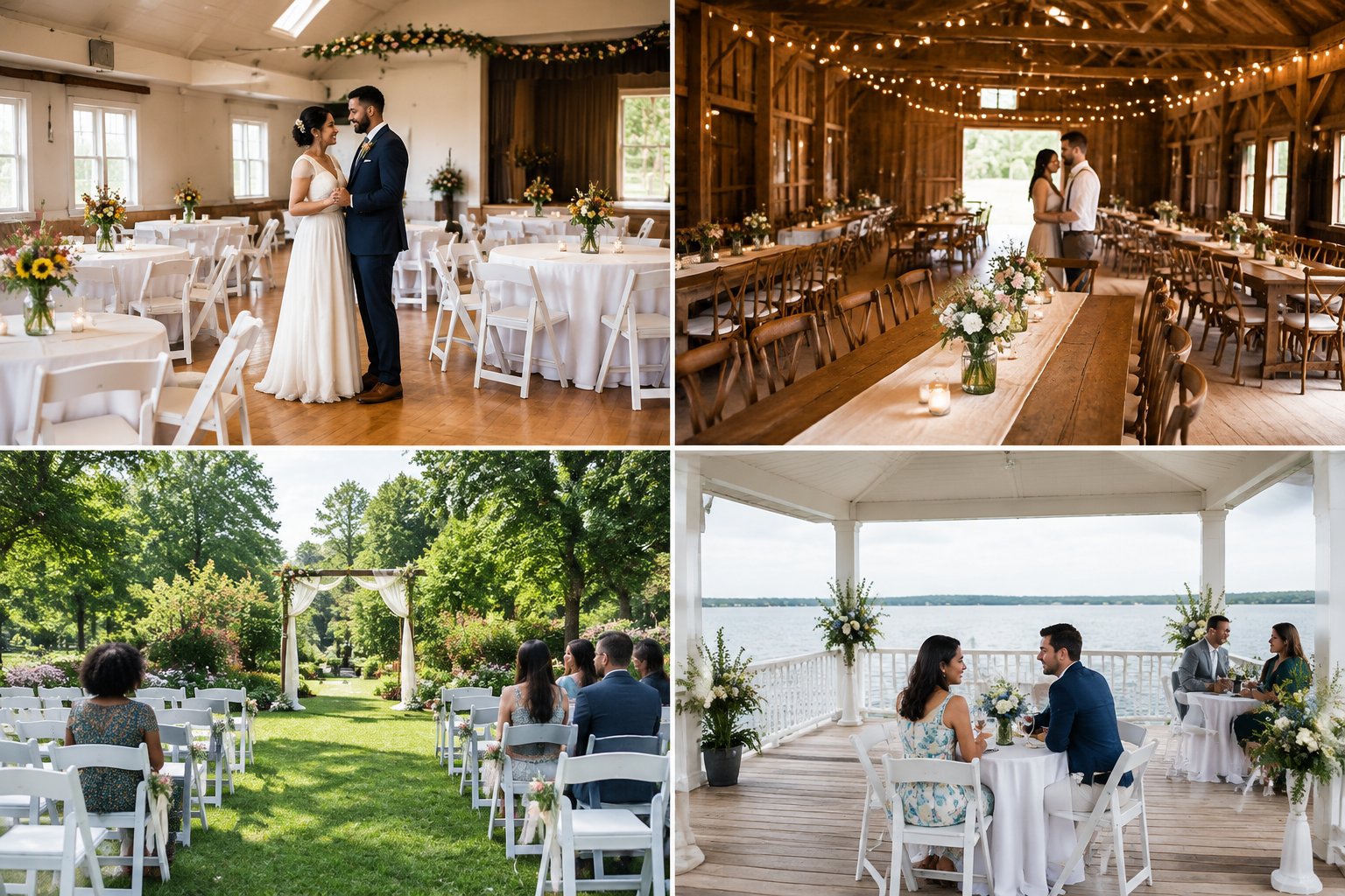 Four affordable wedding venues: a community hall, rustic barn, public garden, and waterfront pavilion.