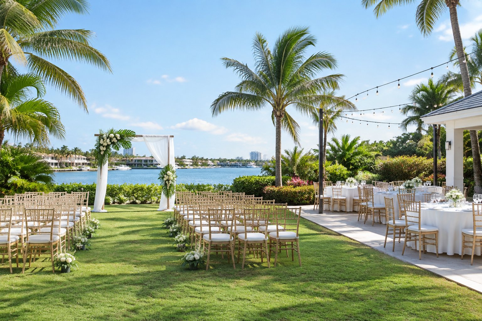 A modest outdoor wedding ceremony and reception setup at a tropical waterfront venue.