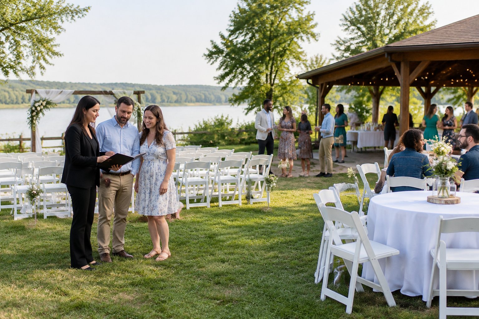 An intimate outdoor wedding setup with white chairs, simple decorations, and guests at an affordable venue.