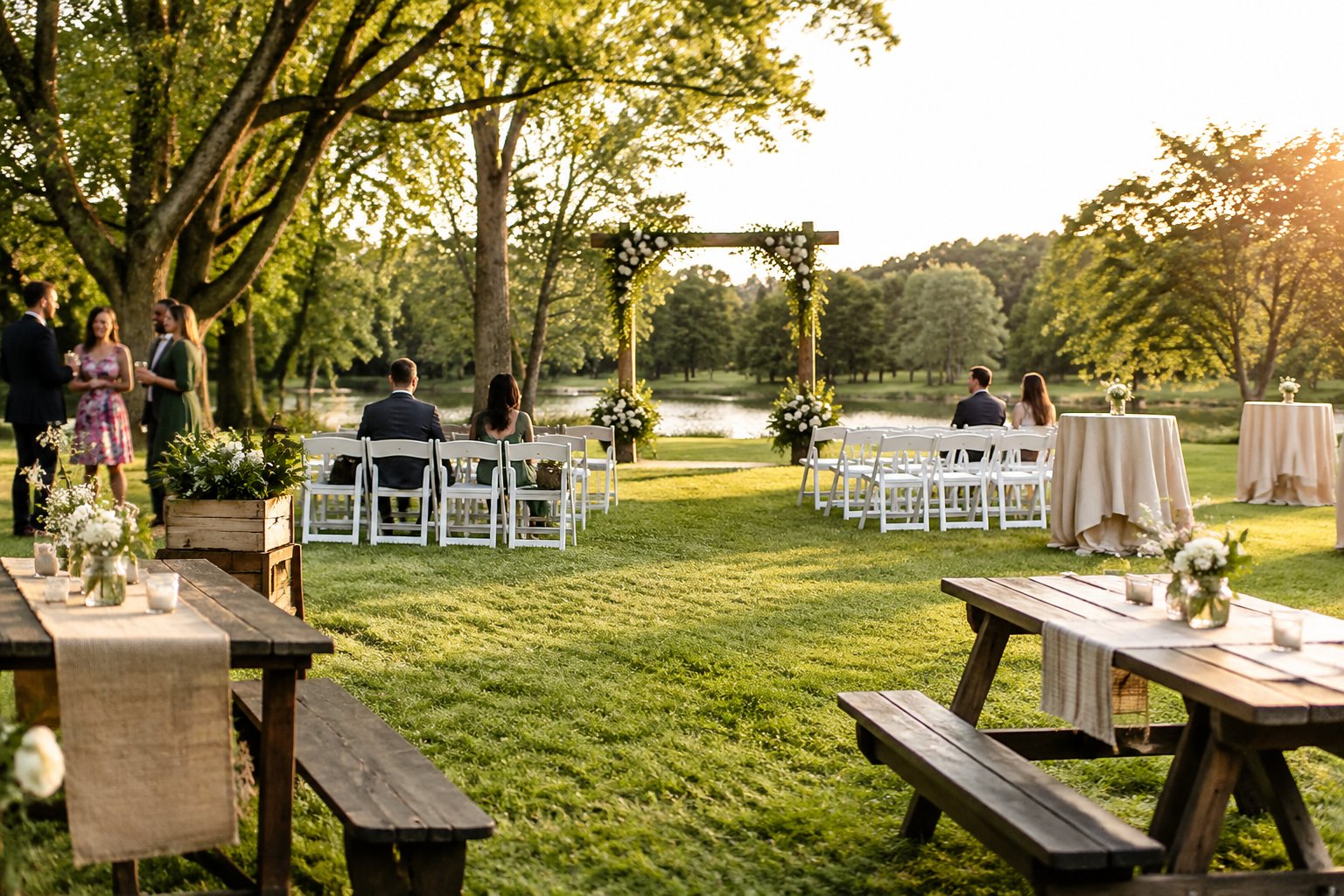 A simple outdoor wedding setup with a decorated arch, folding chairs, and modest tables in a sunny park.