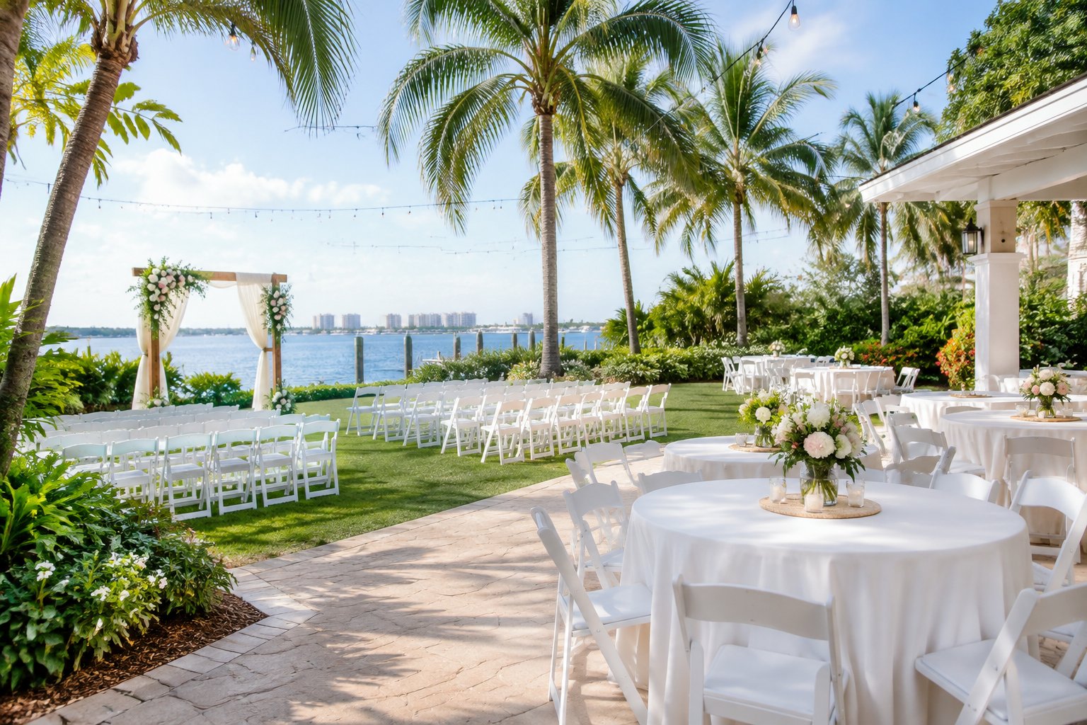 An affordable outdoor wedding venue in Fort Lauderdale with white chairs, simple decorations, palm trees, and a waterfront view.