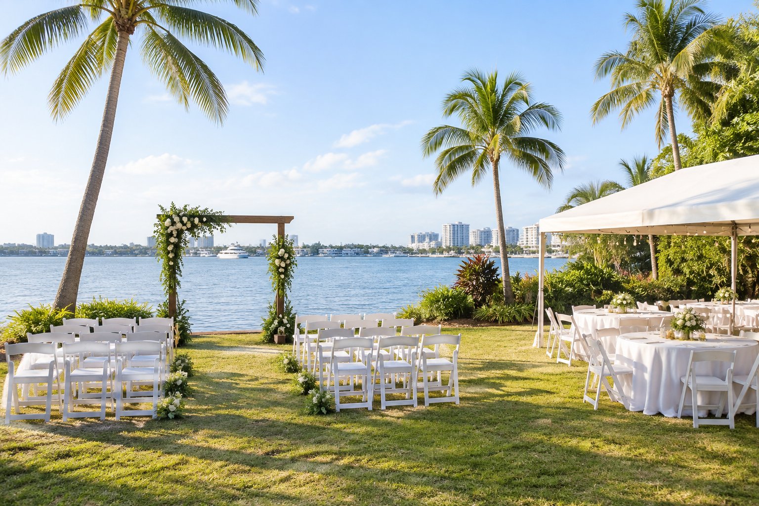 A simple wedding ceremony setup at a sunny waterfront venue with palm trees and white chairs.
