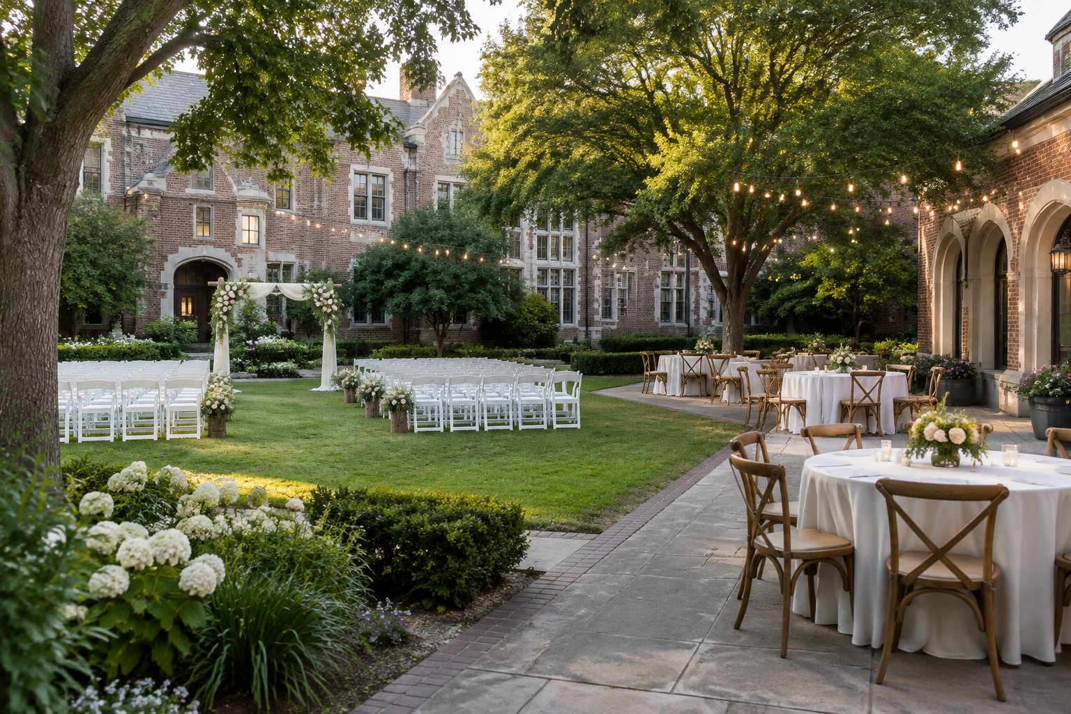 A modest outdoor wedding setup in a landscaped courtyard with ceremony chairs, tables, flowers, and string lights.