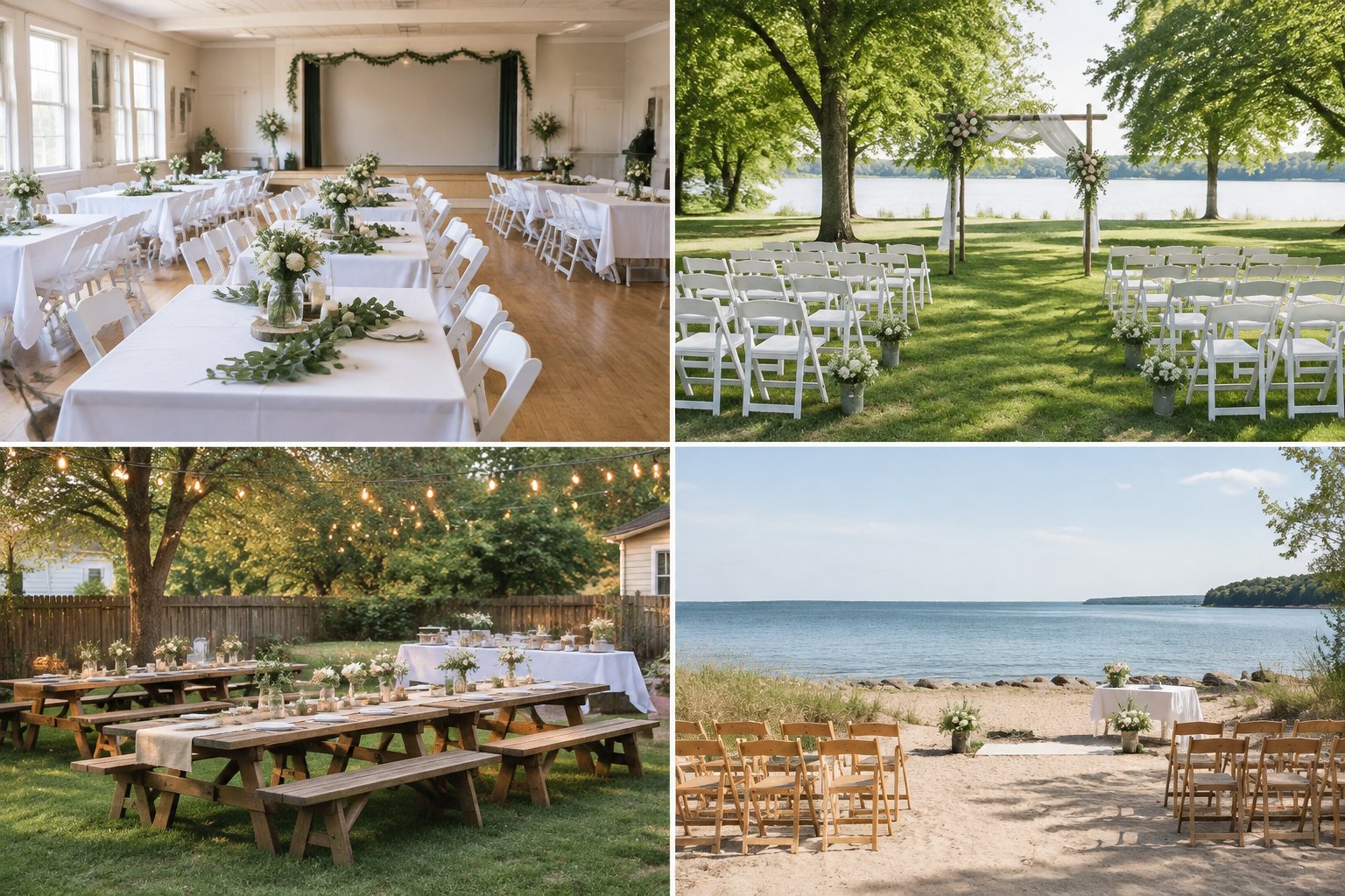 A four-panel collage showing affordable wedding ceremonies and receptions in a community hall, park, backyard, and lakeside setting.