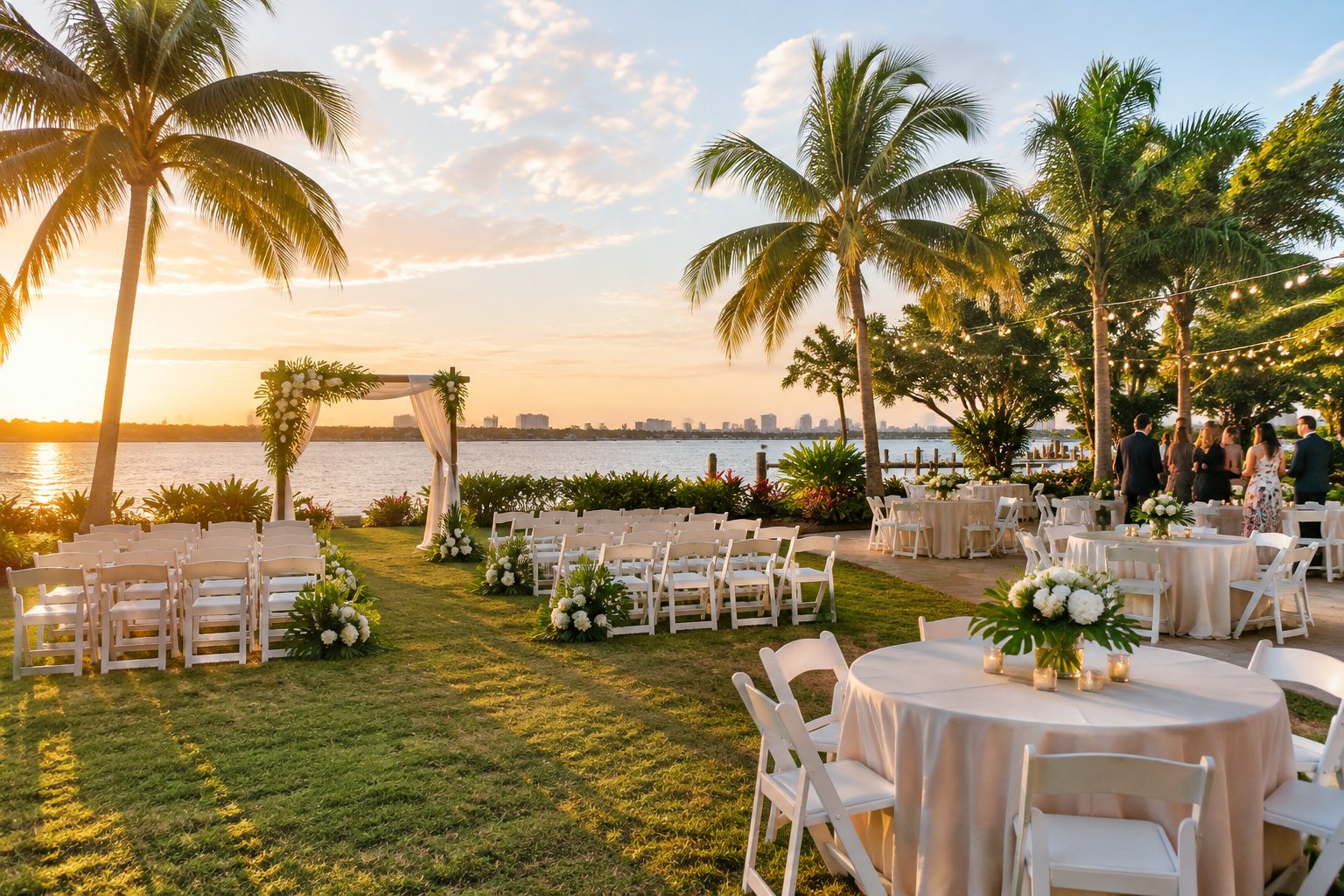 A modest outdoor wedding venue with white chairs, floral decorations, palm trees, and tables set for a reception.