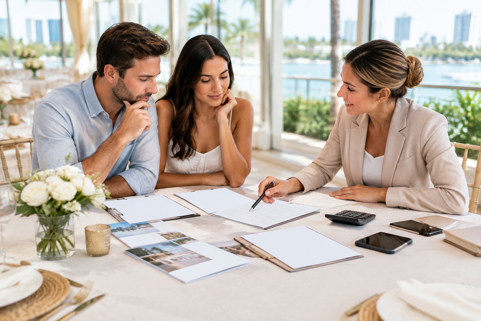 A couple compares wedding venue options with a planner at a table in a bright tropical venue.