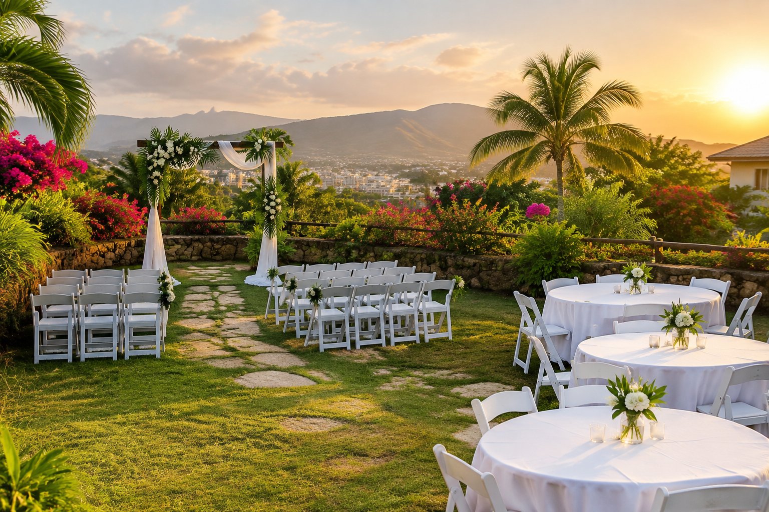 An affordable outdoor wedding venue in Kingston, Jamaica with white chairs, a decorated floral arch, and tropical greenery.