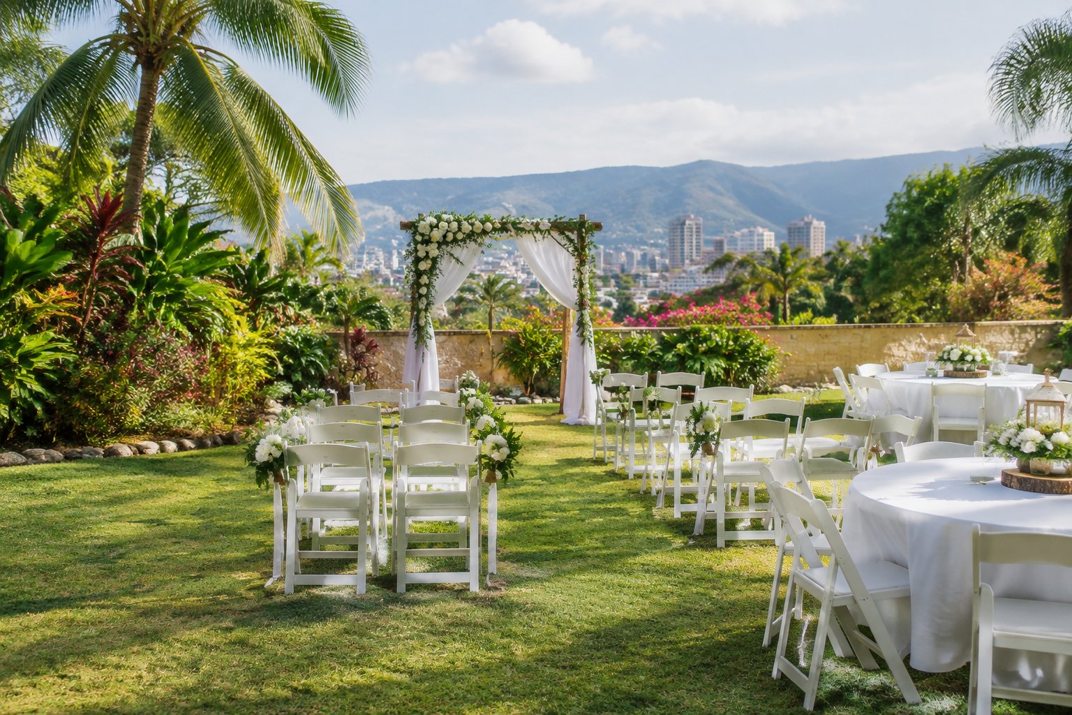 A simple outdoor wedding venue with white chairs, floral decorations, and tropical greenery in Kingston.