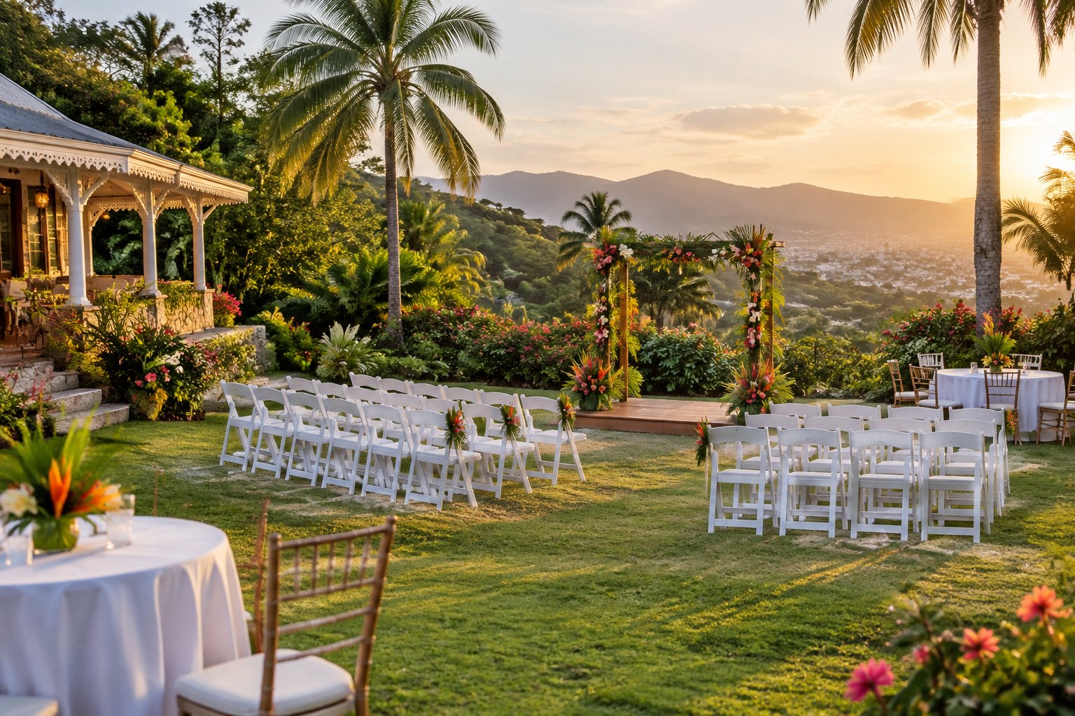 An affordable outdoor wedding setup in a lush tropical garden in Kingston, Jamaica.