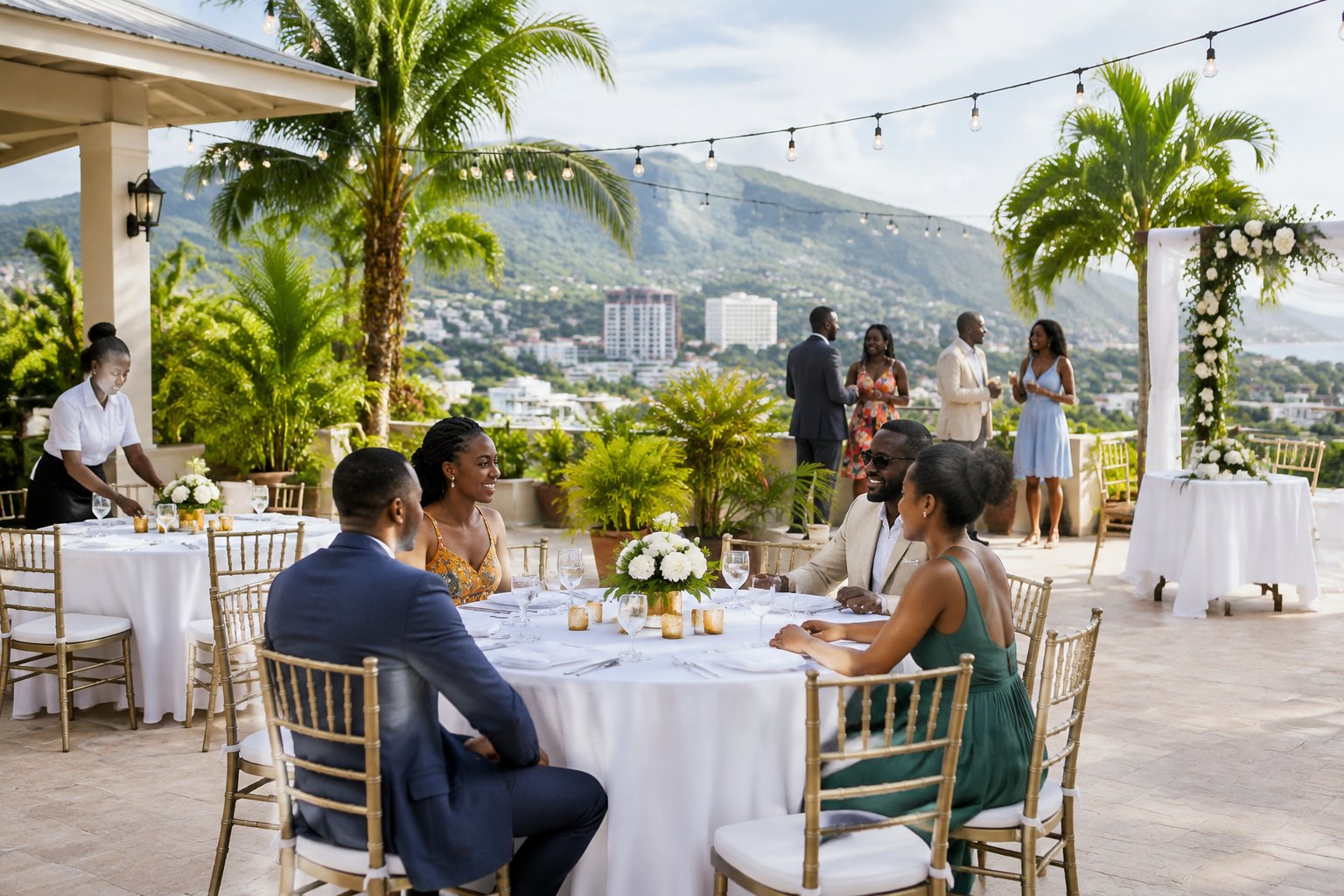 A modest tropical hotel courtyard prepared for an affordable wedding reception in Kingston, Jamaica.