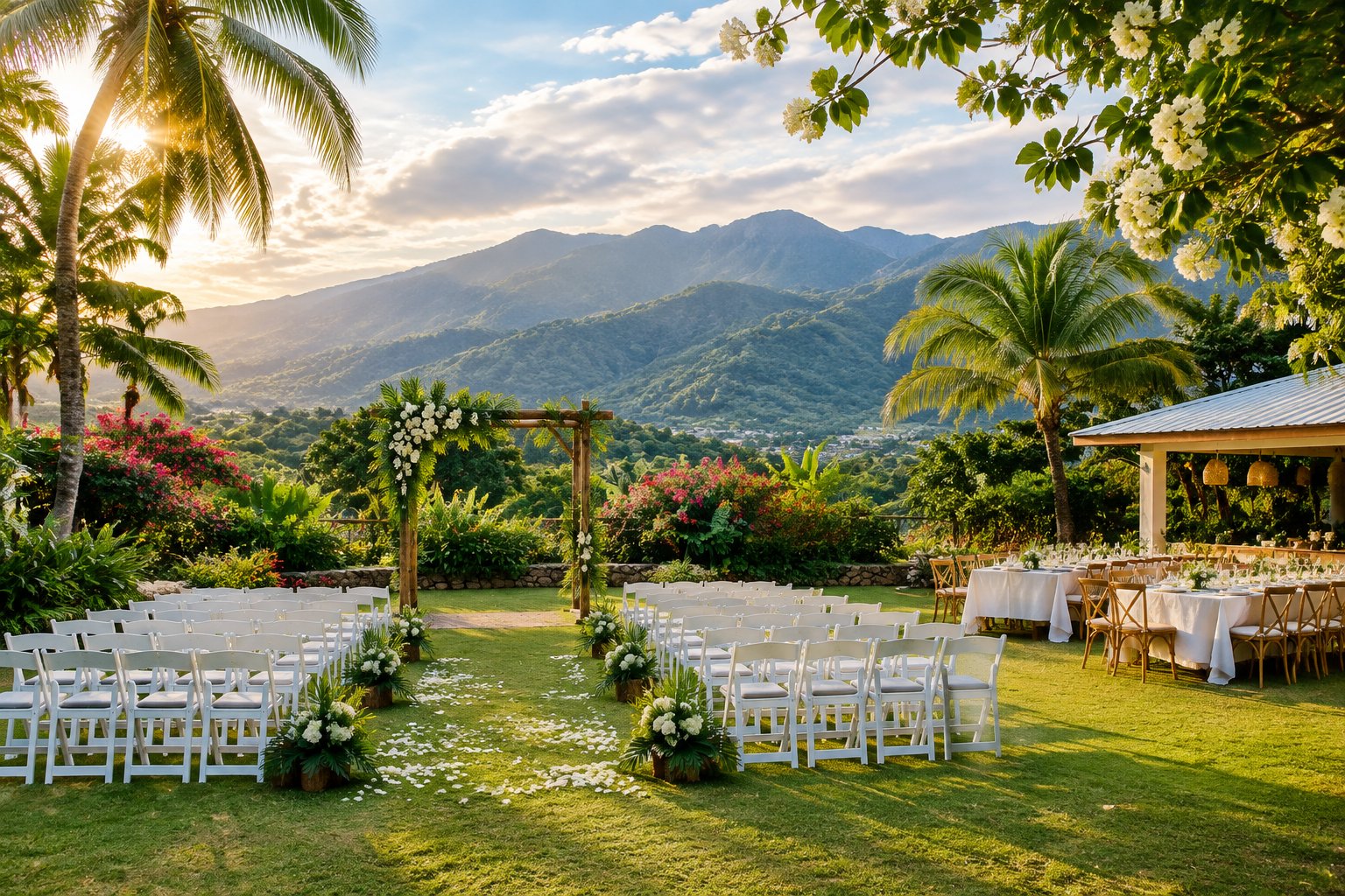 An outdoor wedding ceremony in a tropical garden with mountains in the background.