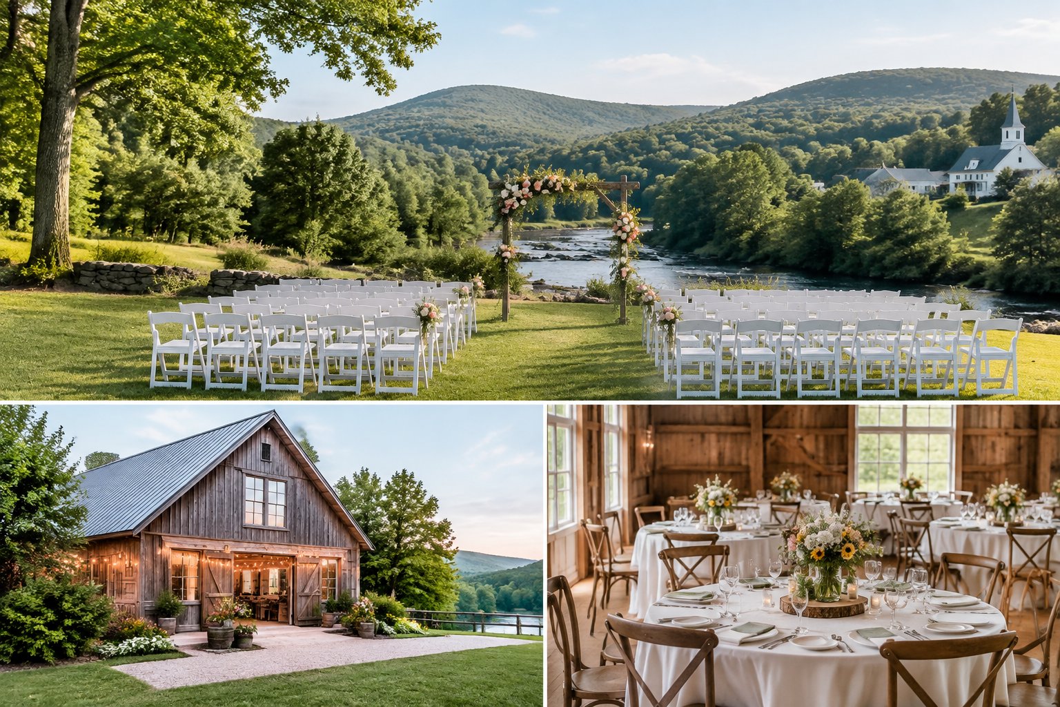 A modest countryside wedding venue in Quechee with white chairs, simple floral decorations, and green Vermont scenery.