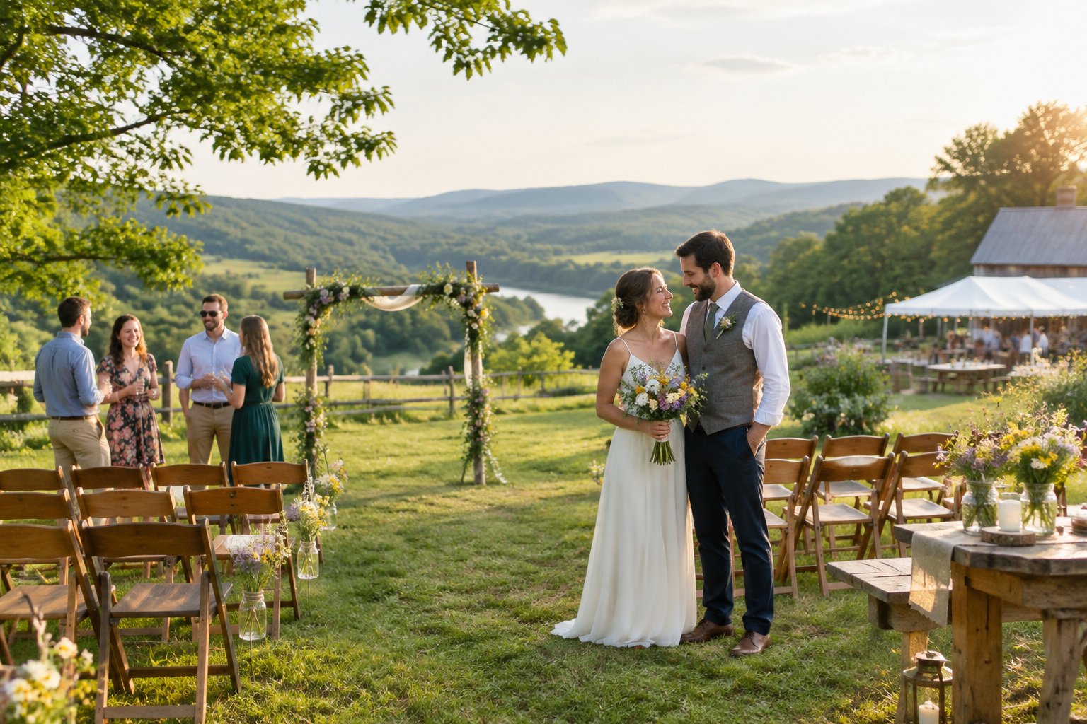 A newlywed couple stands beside a simple outdoor wedding ceremony setup in a green Vermont valley.
