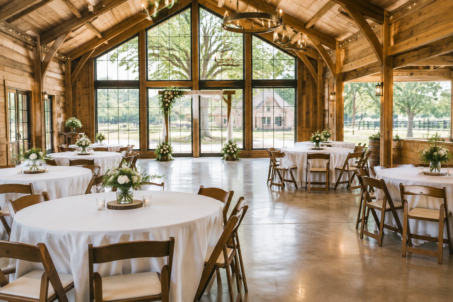 An affordable rustic wedding venue in Fort Worth decorated with simple floral arrangements, white table linens, and a ceremony arch.