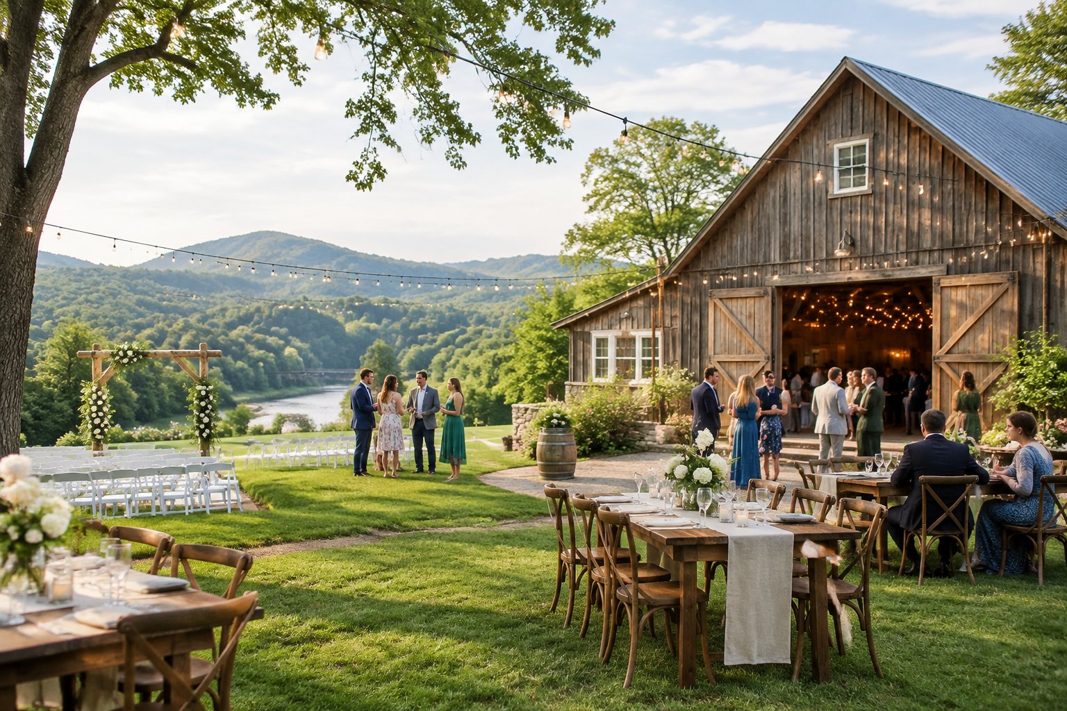 A modest Vermont wedding venue with simple decorations, green lawns, and guests gathered for an outdoor celebration.