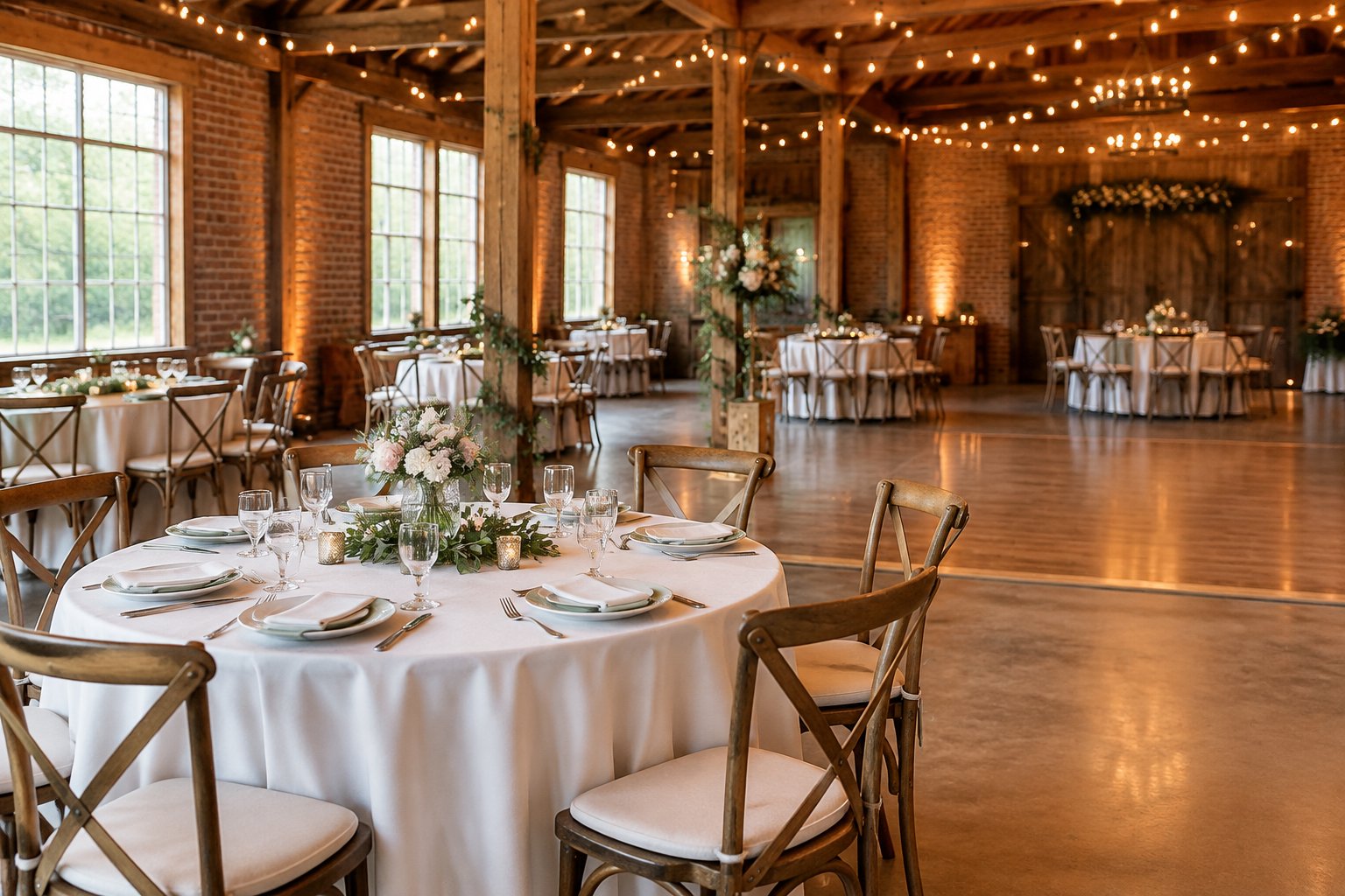 An affordable wedding reception setup in a warmly lit rustic venue with simple floral decorations and neatly arranged tables.