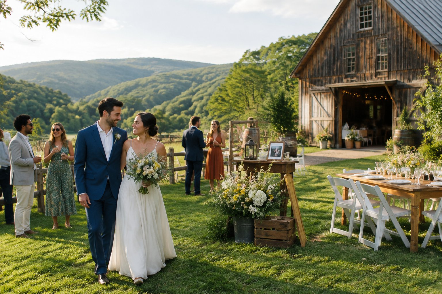 A newlywed couple and guests celebrate outside a modest countryside wedding venue in Quechee, Vermont.