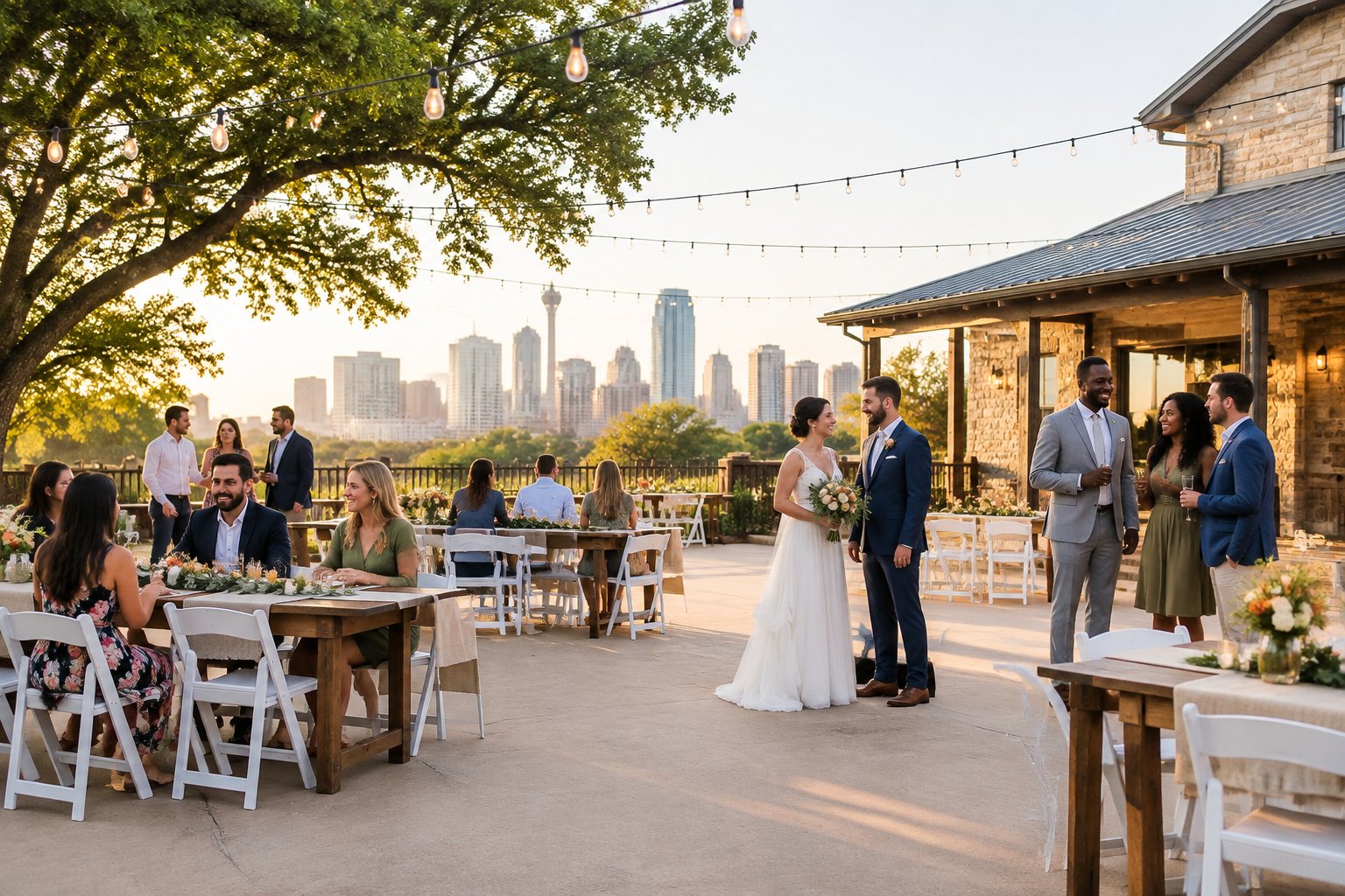 A joyful wedding gathering at an affordable outdoor venue with simple decorations, string lights, and guests mingling.