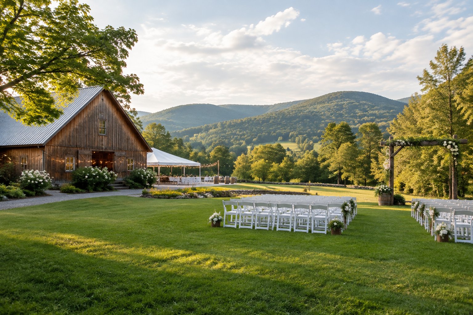 A modest wedding venue beside a green meadow and rolling hills in Vermont.