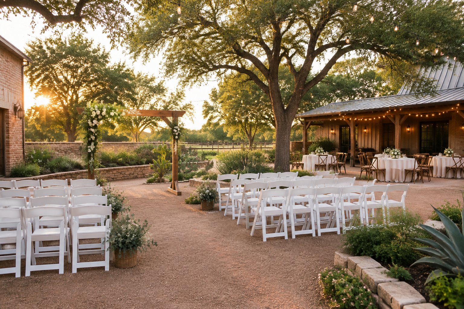 A charming outdoor wedding venue in Fort Worth with simple white chairs, a floral arch, greenery, and decorated reception tables.