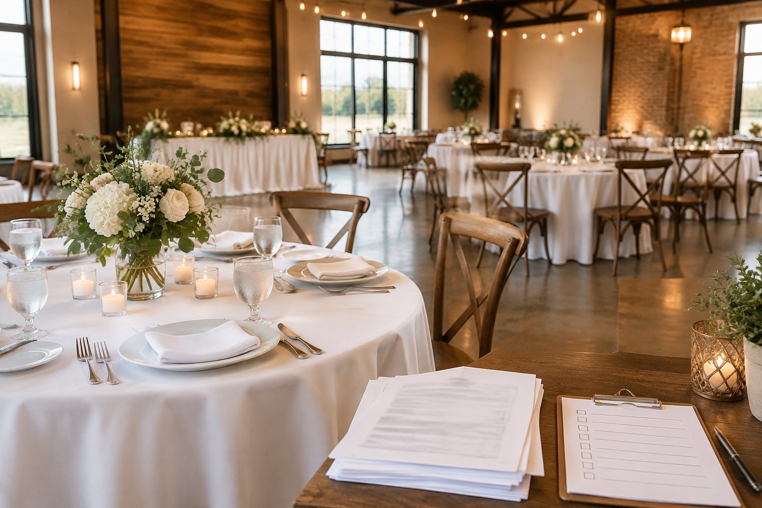 A budget-friendly wedding reception venue with tables, simple decorations, and organized cost documents.