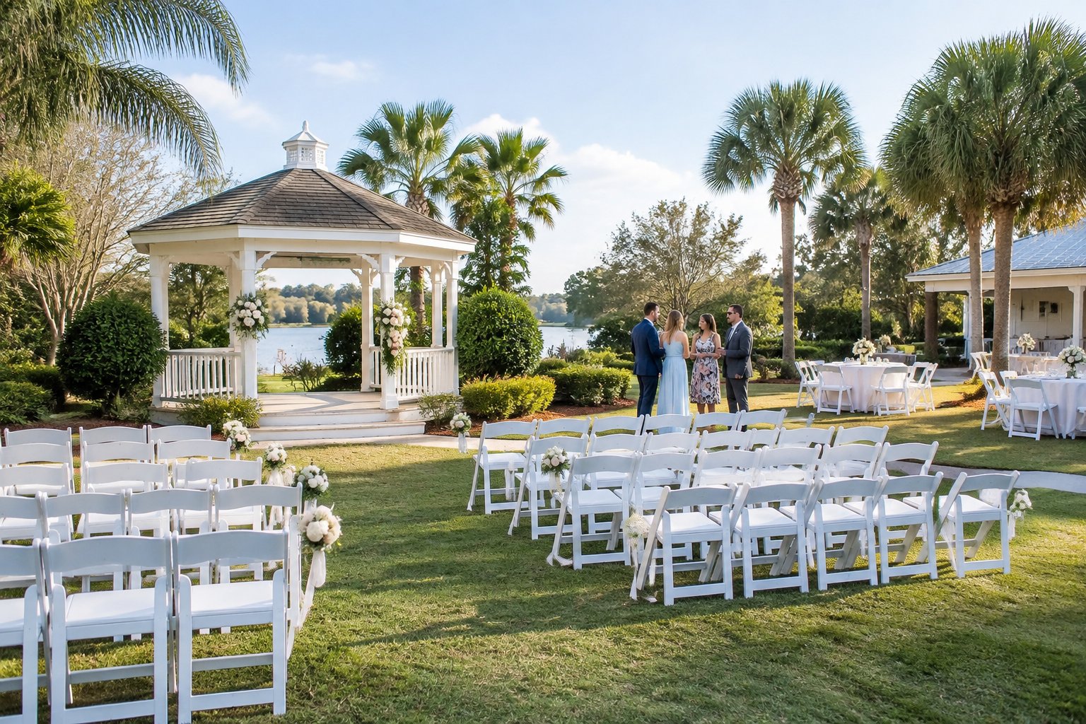 An affordable outdoor wedding venue with a gazebo, white chairs, floral arrangements, and guests in a sunny garden.
