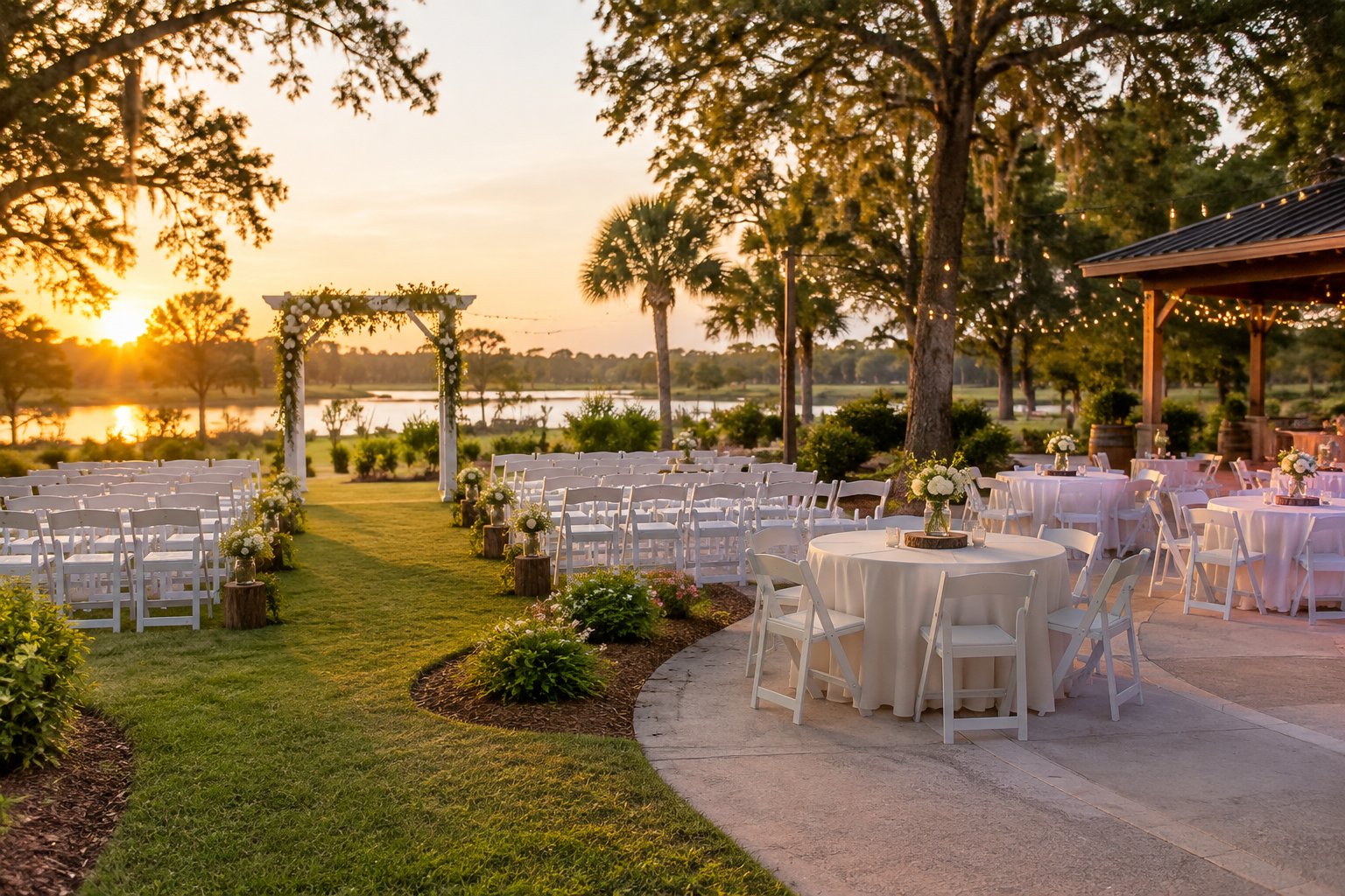 An affordable outdoor wedding venue in Lakeland with a decorated ceremony arch, neatly arranged chairs, reception tables, greenery, and string lights.