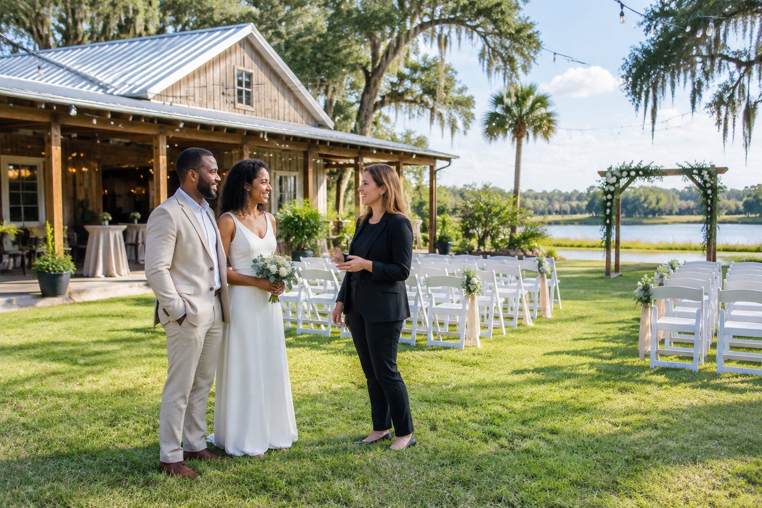 A couple and venue coordinator tour an affordable outdoor wedding venue with simple decorations and a covered gathering area.