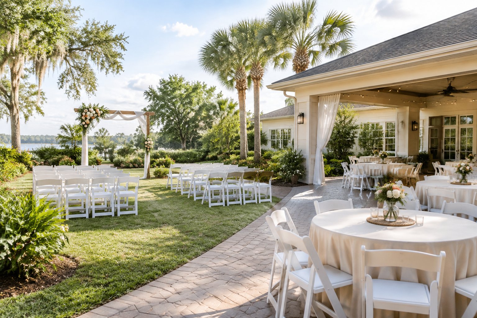 An affordable wedding venue with simple ceremony chairs, floral decorations, and a garden reception area.