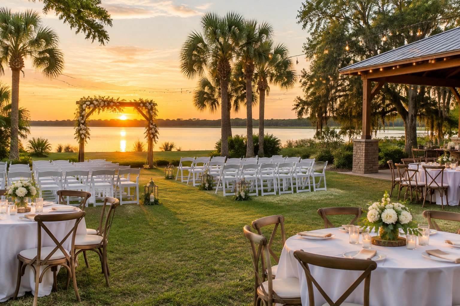 An elegant outdoor wedding setup with white chairs, simple floral decorations, and reception tables beside a landscaped lakefront venue.