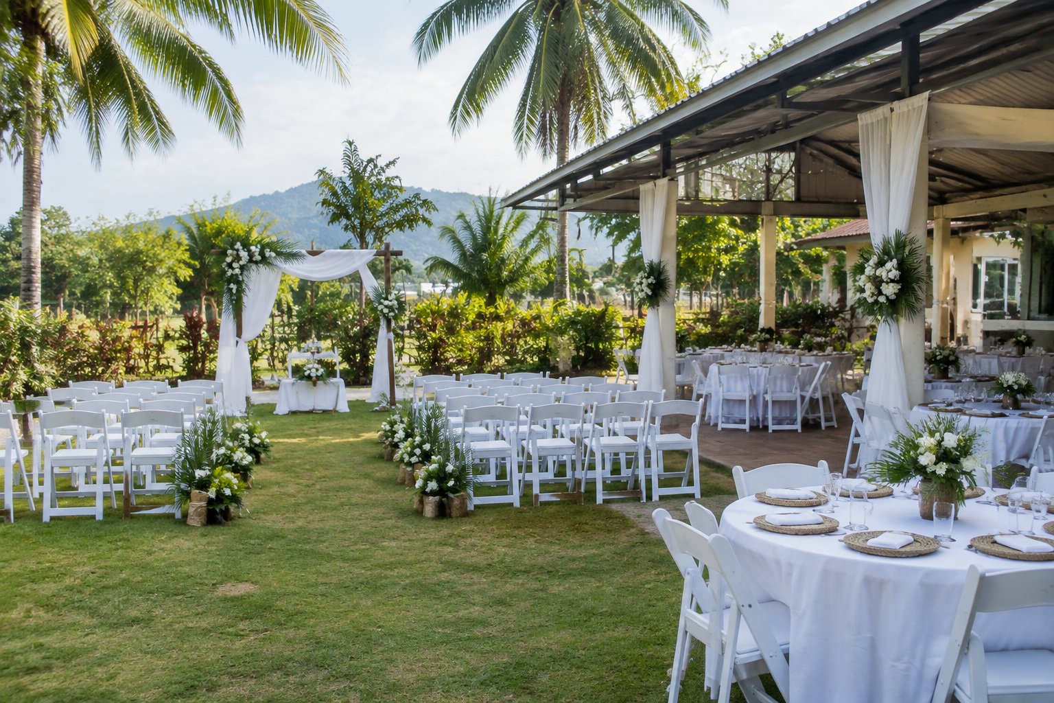 A modest outdoor wedding venue in Quezon with white chairs, simple floral decorations, and tropical greenery.